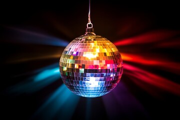 Disco ball reflecting colorful lights at a party venue during nighttime celebration