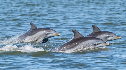 Fototapeta premium Three Dolphins Swimming Together in Ocean Water