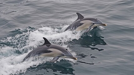 Obraz premium Two Dolphins Leaping Through Ocean Waves