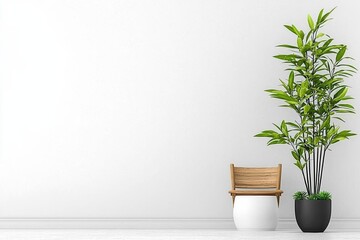 a photostock of a  Minimal interior armchair zen style wooden chair in front of empty white wall , isolated on white background,  , copy space, copy space for text,