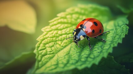 Obraz premium A vibrant ladybug rests on a green leaf, showcasing its bright red shell and distinctive black spots in a serene, natural setting.