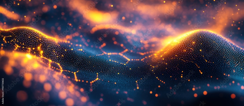 Poster abstract glowing particles forming a wave pattern.