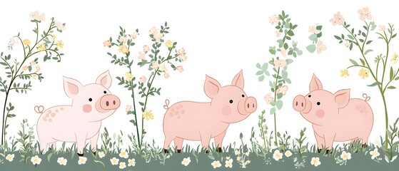 Obraz premium Three pigs are standing in a field next to a red barn