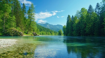 Fototapeta premium A tranquil river flows through lush greenery under a clear blue sky, surrounded by mountains, creating a serene natural landscape.