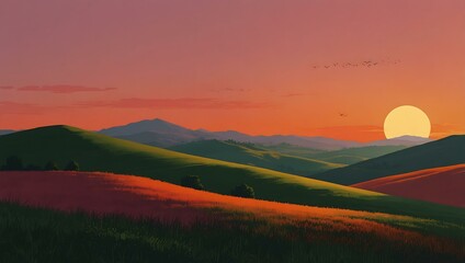 Obraz premium Minimalist sunset illustration over rolling hills in pink, orange, and green.