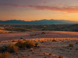 Minimalist sunset over a desert with rolling hills in pink, orange, and green.