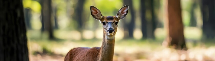 A serene deer stands gracefully in a sunlit forest, surrounded by trees, capturing the essence of nature's tranquility.
