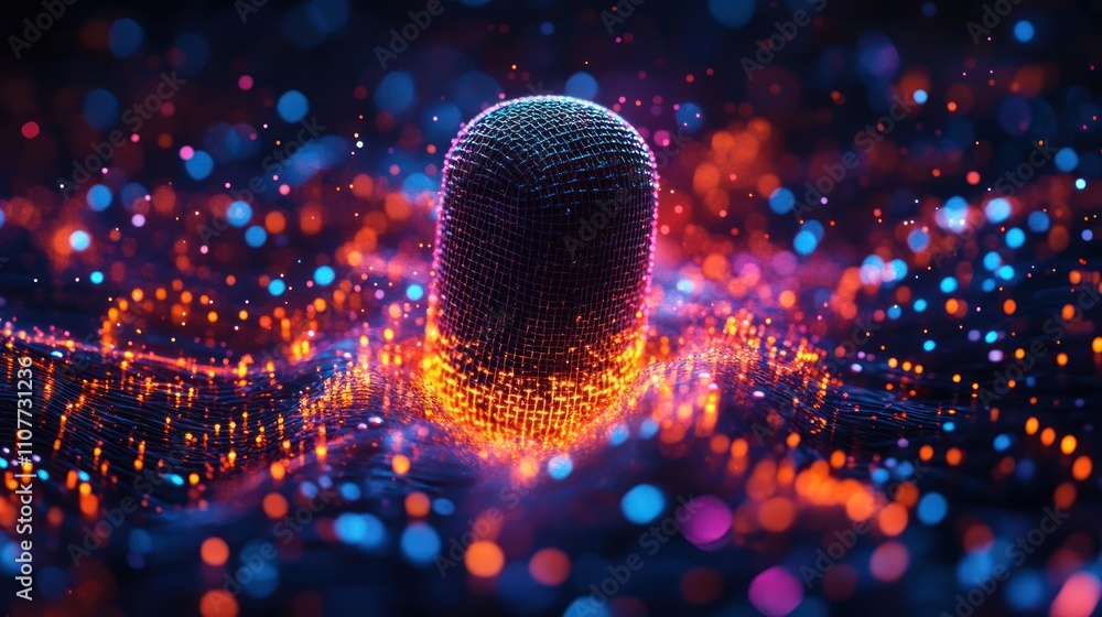 Poster abstract digital sphere glowing in a field of vibrant particles.
