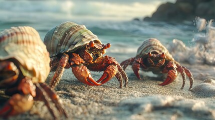Three Hermit Crabs Stroll Along a Sandy Beach