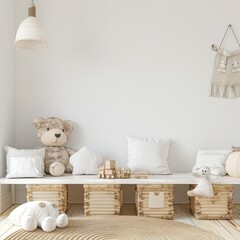A white wall with a wooden bench. white pillows. stuffed animals. and a woven rug in a minimalist nursery