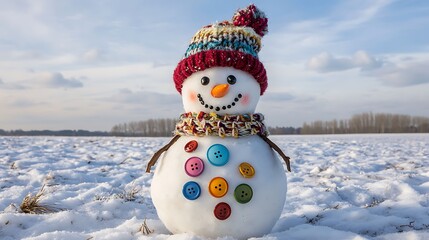 Obraz premium A snowman decorated with colorful buttons and a cozy knitted hat in a snowy meadow with a soft blue sky backdrop
