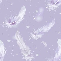 Naklejka premium Soft purple feathers and silver stars adorn a calming light purple backdrop.