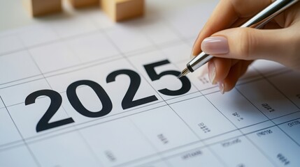 Front view of a female hand poised with a pen, about to circle "2025" on a large monthly calendar.