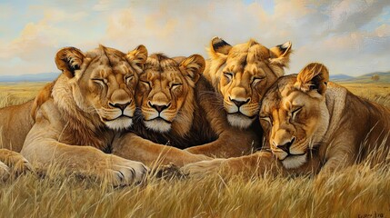 Obraz premium Four Lionesses Resting Peacefully In Golden Grass