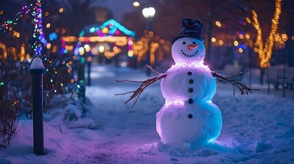 Obraz premium A frosty snowman with twig arms in a snowy urban park with glowing holiday decorations in the background