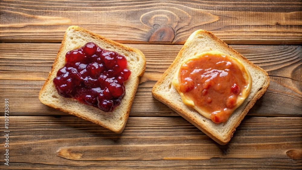 Poster a close-up of two slices of toast, one topped with a spread of sweet jam, and the other with a sprea