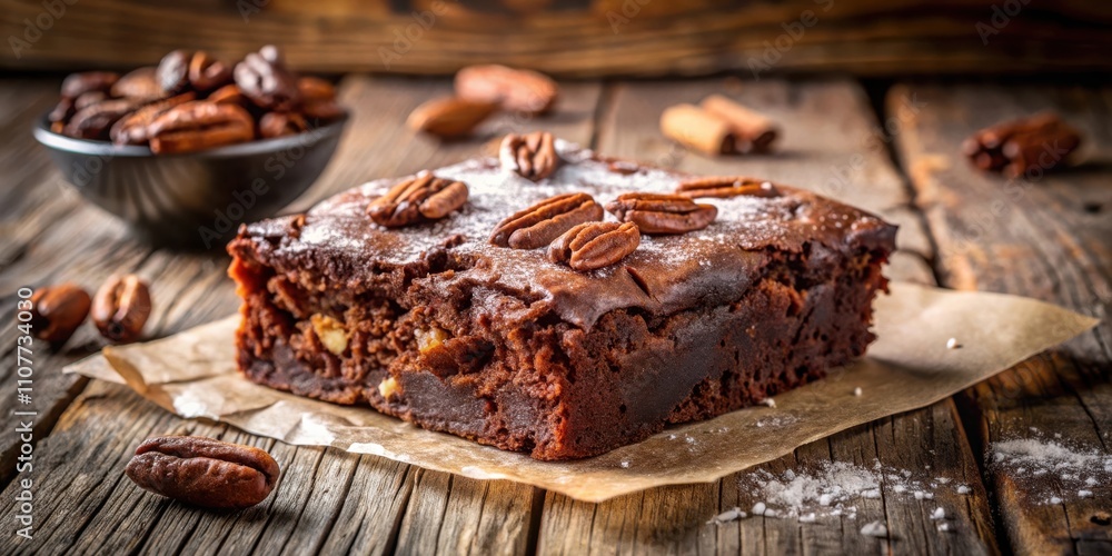 Poster a freshly baked, fudgy brownie topped with pecan halves and a sprinkle of powdered sugar, resting on
