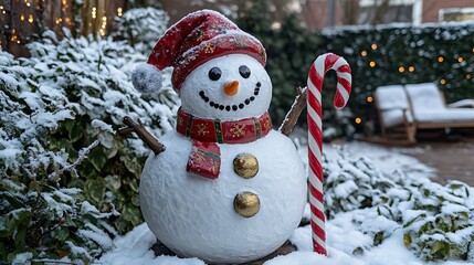 Obraz premium A creative snowman with a candy cane as its arm and a festive hat placed in a frosty garden