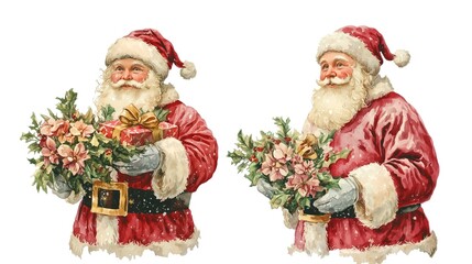 Two cute vintage Santa Claus drawings holding flowers and gifts in watercolor. Clip art isolated on a white background, perfect for holiday projects and designs.