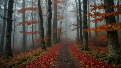 Fototapeta premium Misty autumn forest path with red leaves.