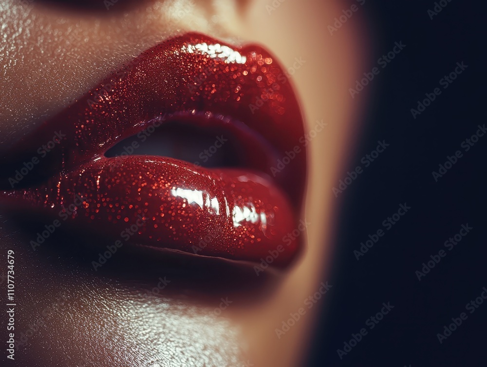 Poster A close-up of sparkling red lips, showcasing a glossy finish and a hint of sensuality against a dark background.