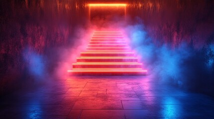 Naklejka premium Glowing neon staircase in a foggy, mysterious corridor