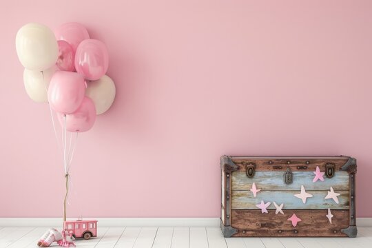 Pink wall with balloons. vintage chest. and toy bus