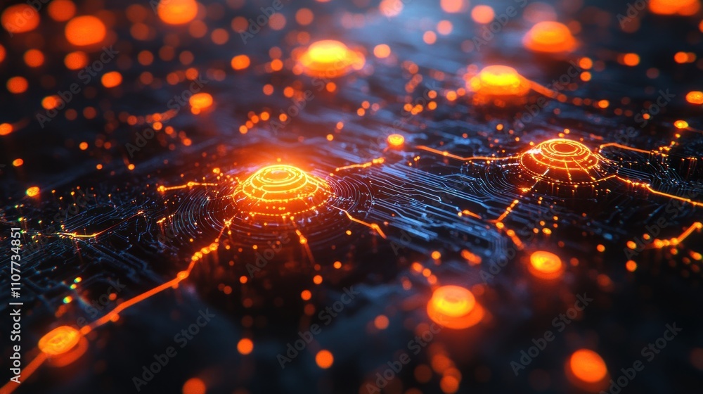 Poster abstract glowing circuit board with orange and blue lights, creating a futuristic and technological 