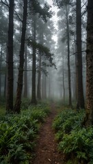 Fototapeta premium Misty forest in the early morning light.