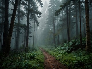 Fototapeta premium Misty forest landscape painting.