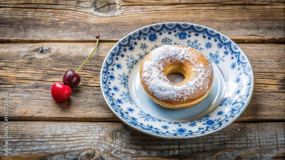 Poster A single powdered donut on a blue and white patterned plate with two cherries in the background on a rustic wooden table