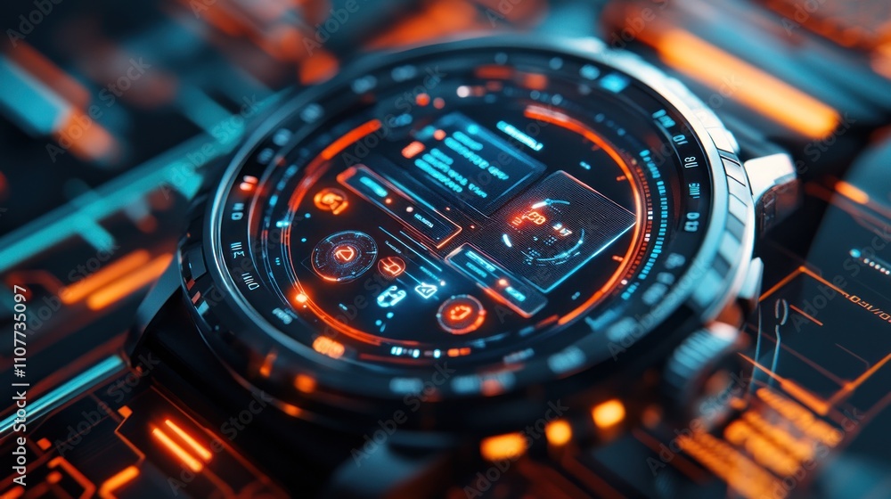 Poster futuristic smartwatch with vibrant digital display showcasing data and notifications.