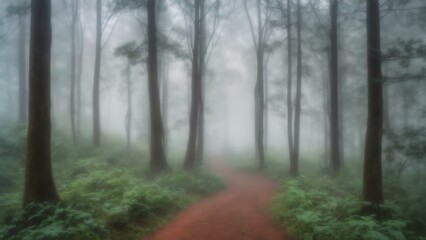 Misty forest path.