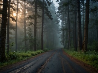 Fototapeta premium Misty forest road at dawn.