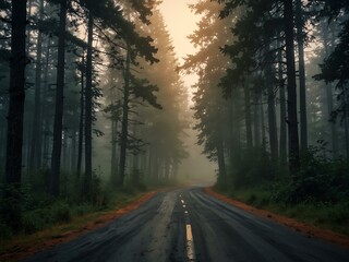 Fototapeta premium Misty forest road at dawn.