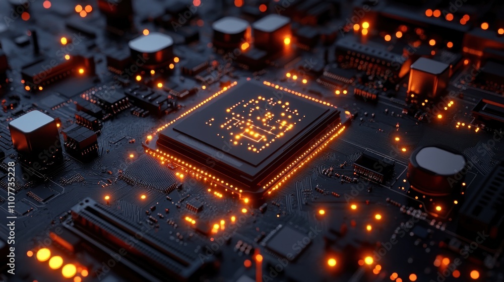 Aufkleber a close-up of a glowing computer chip on a circuit board.