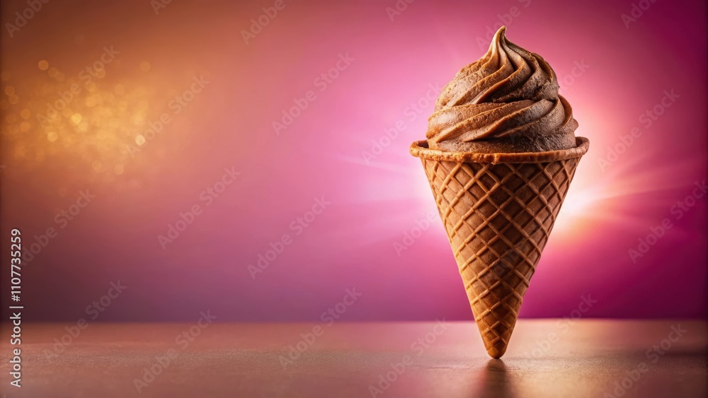 Poster a single chocolate ice cream cone on a table with a blurred background of golden and pink lights.