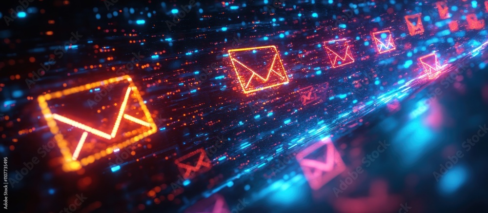 Poster abstract glowing email icons moving through a digital matrix.