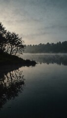 Misty landscape with dark silhouettes and calm water.