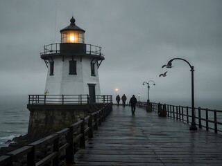 Misty morning at a lighthouse pier.