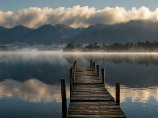 Naklejka premium Misty morning at Lake Te Anau, New Zealand.