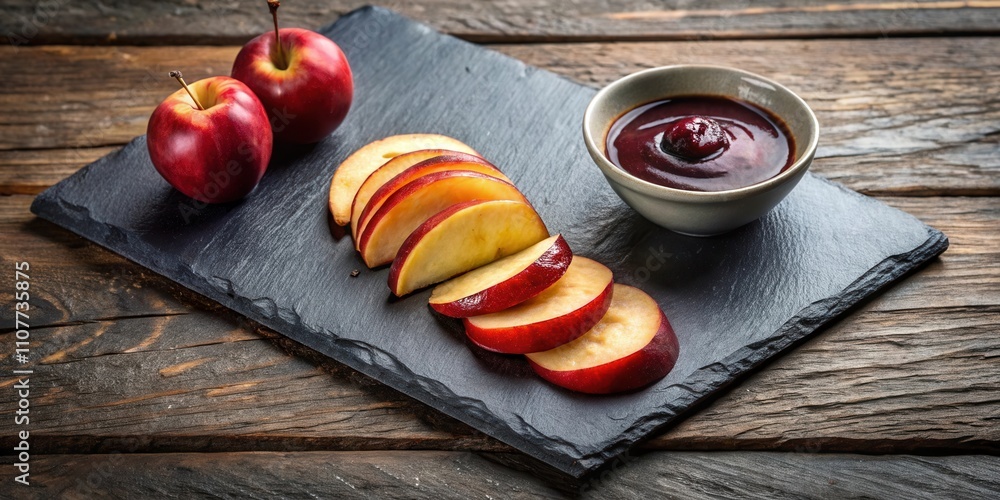 Poster a rustic wooden table displays a slate board with sliced apples, a small bowl of sauce, and two whol