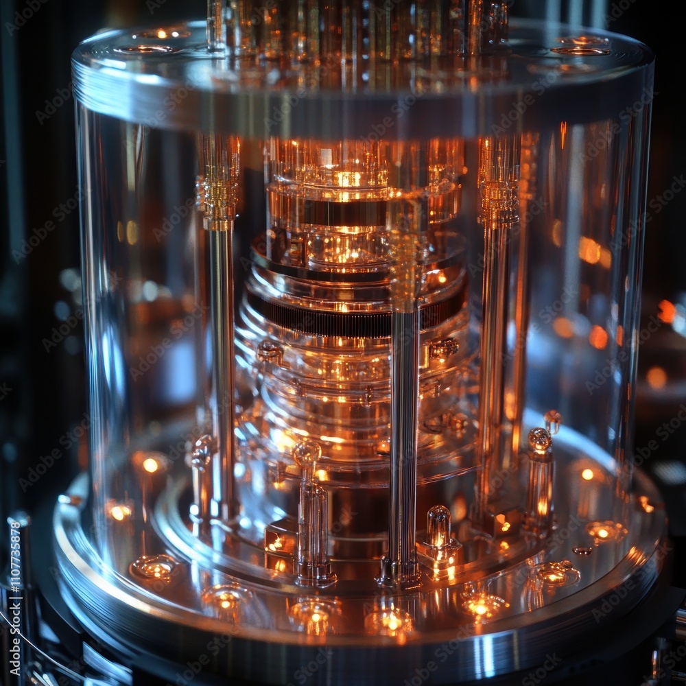 Poster illuminated technological device with intricate internal components encased in transparent cylinder.