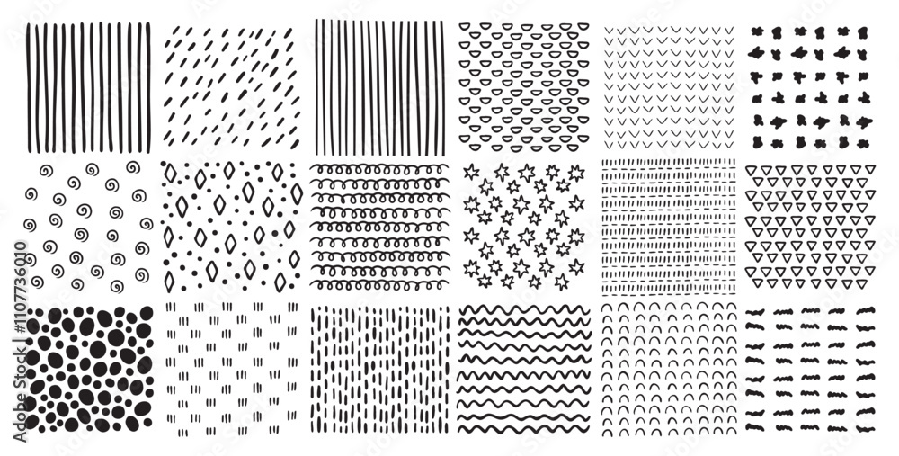 Poster square patterns set. hand drawn doodle style patterns. hatched squares abstract drawing technic, geo