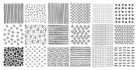 Fototapeta premium Square patterns set. Hand drawn doodle style patterns. Hatched squares abstract drawing technic, geometric shapes strokes