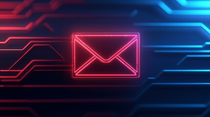 Fototapeta premium A glowing envelope icon is set against a futuristic blue and red circuit-like background, symbolizing digital communication.