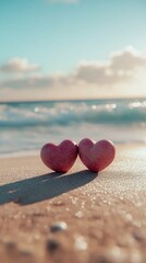 Fototapeta premium Two lovely hearts placed sandy beach scenery image