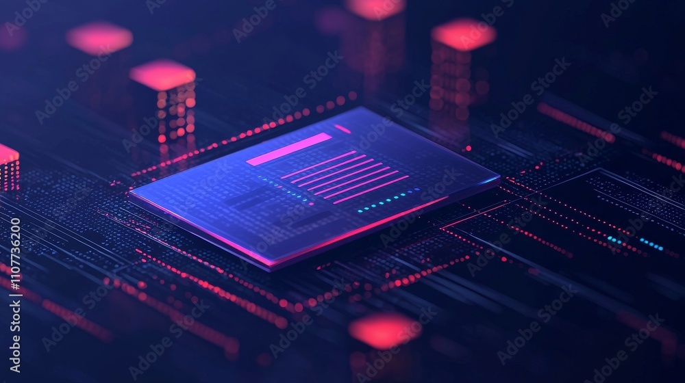 Poster a futuristic microchip on a digital circuit board, illuminated with vibrant red and blue lights, sho