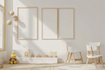 Minimalist white and wooden playroom interior with two blank frames. a white rug. two white chairs. a wooden toy shelf with blocks. and a teddy bear