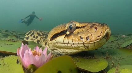 Fototapeta premium Underwater adventure python encounter freshwater habitat wildlife photography serene environment close-up perspective
